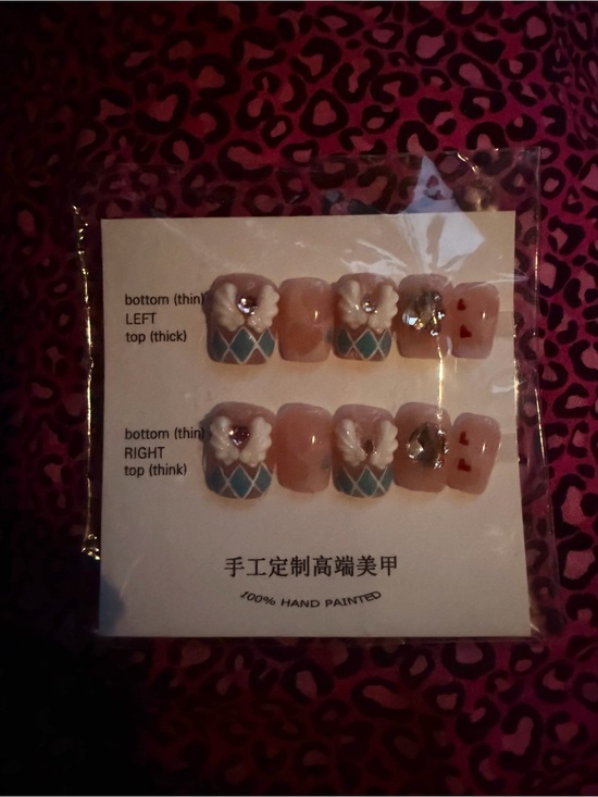 Other - Hand-Painted Pink Floral Press-On Nails with Blue Accent